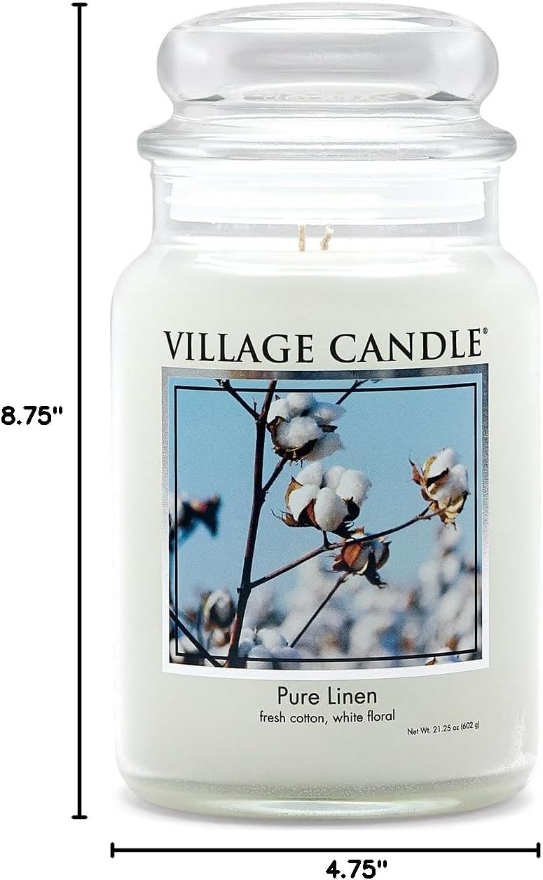 Village Candle Pure Linen Large Glass Apothecary Jar, Scented Candle, 21.25 oz., White
