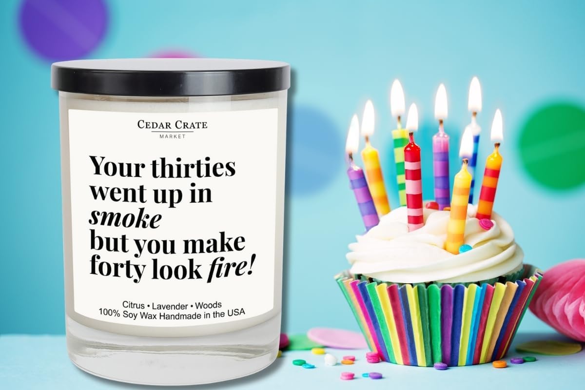 40th Birthday Gifts Women & Men - Lavender & Lemongrass Soy Wax Birthday Candles, 13.5 oz, 60+ Hour Burn Time, Birthday Gifts for Women, Hand Poured in USA, Reusable Jar for a Fantastic Celebration