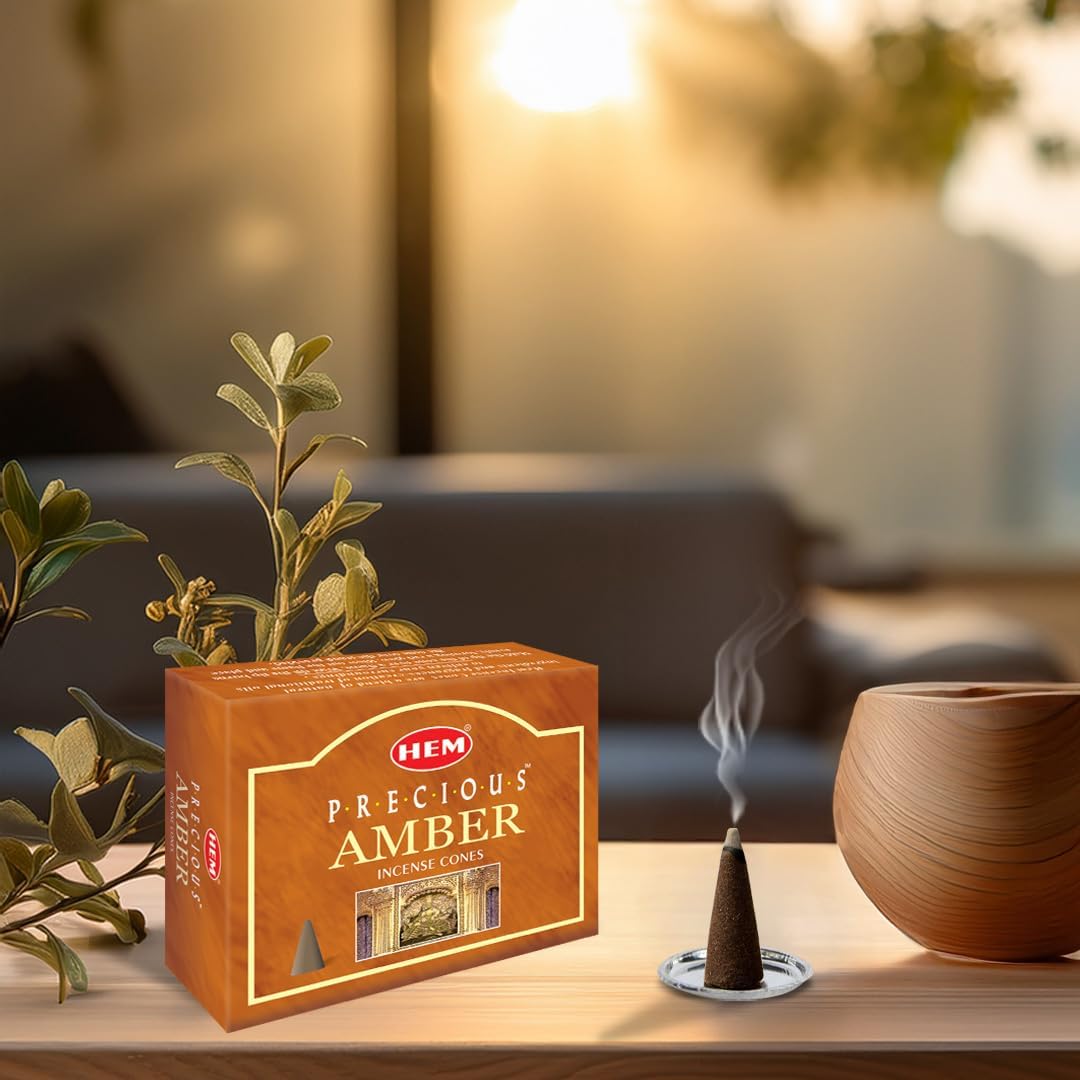 HEM Precious Amber Incense Cones – Pack of 12 Boxes – Soothing, Warm Resinous Aroma for Meditation, Relaxation & Home Fragrance – Made in India