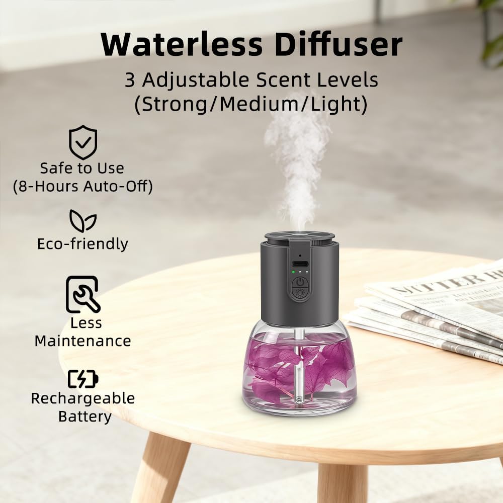 Waterless Essential Oil Diffuser-Quiet,Cordless Rechargeable Nebulizer with 3 Mist Modes,120ml Refillable Bottle,Long Runtime-Portable for Bedroom,Bathroom,Office,Travel