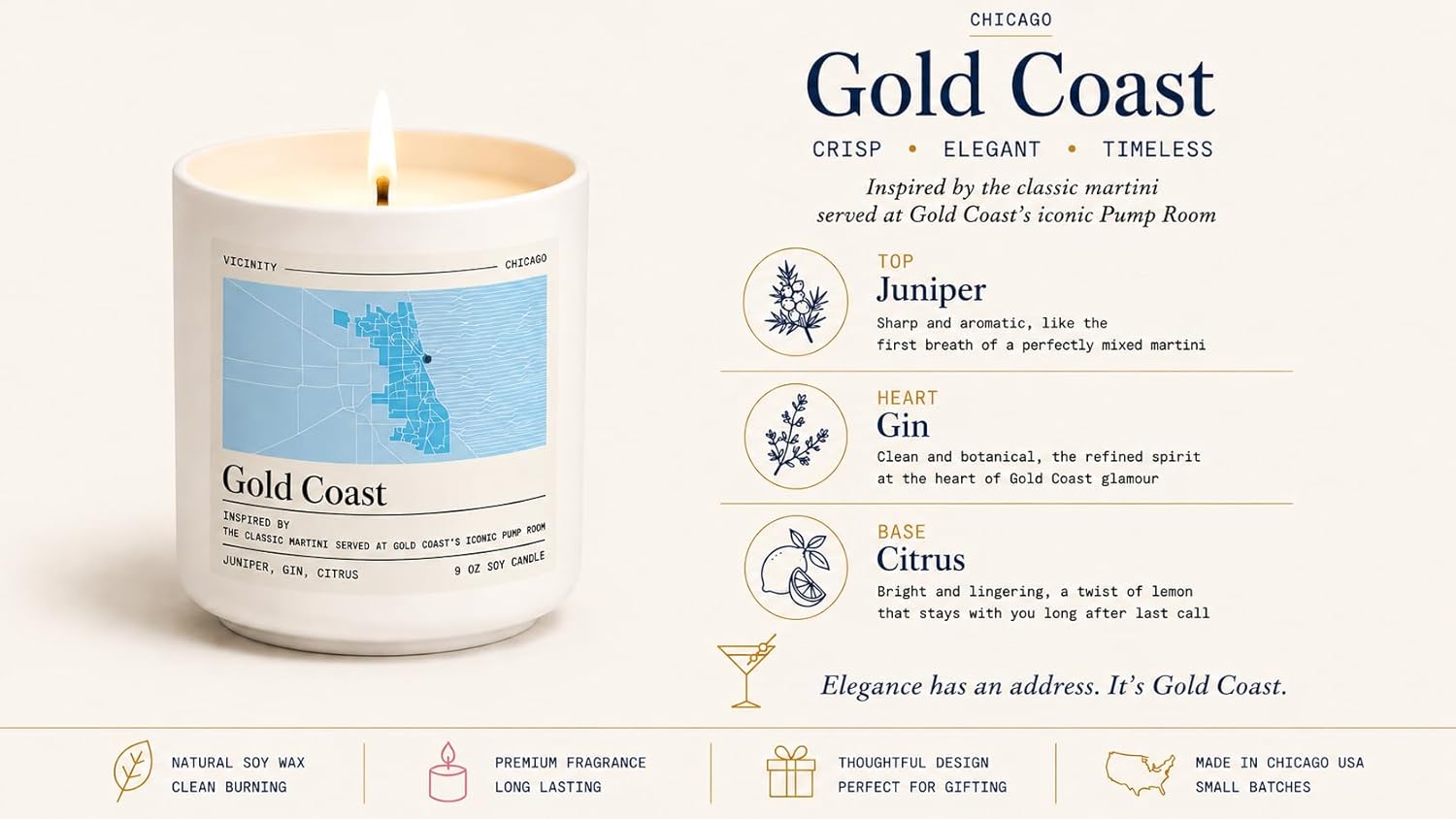 Vicinity Gold Coast, Hand-Poured Soy Candle | Juniper, Gin & Citrus | 9 oz, 45-50 Hour Burn | Gift Ready | Woman-Owned
