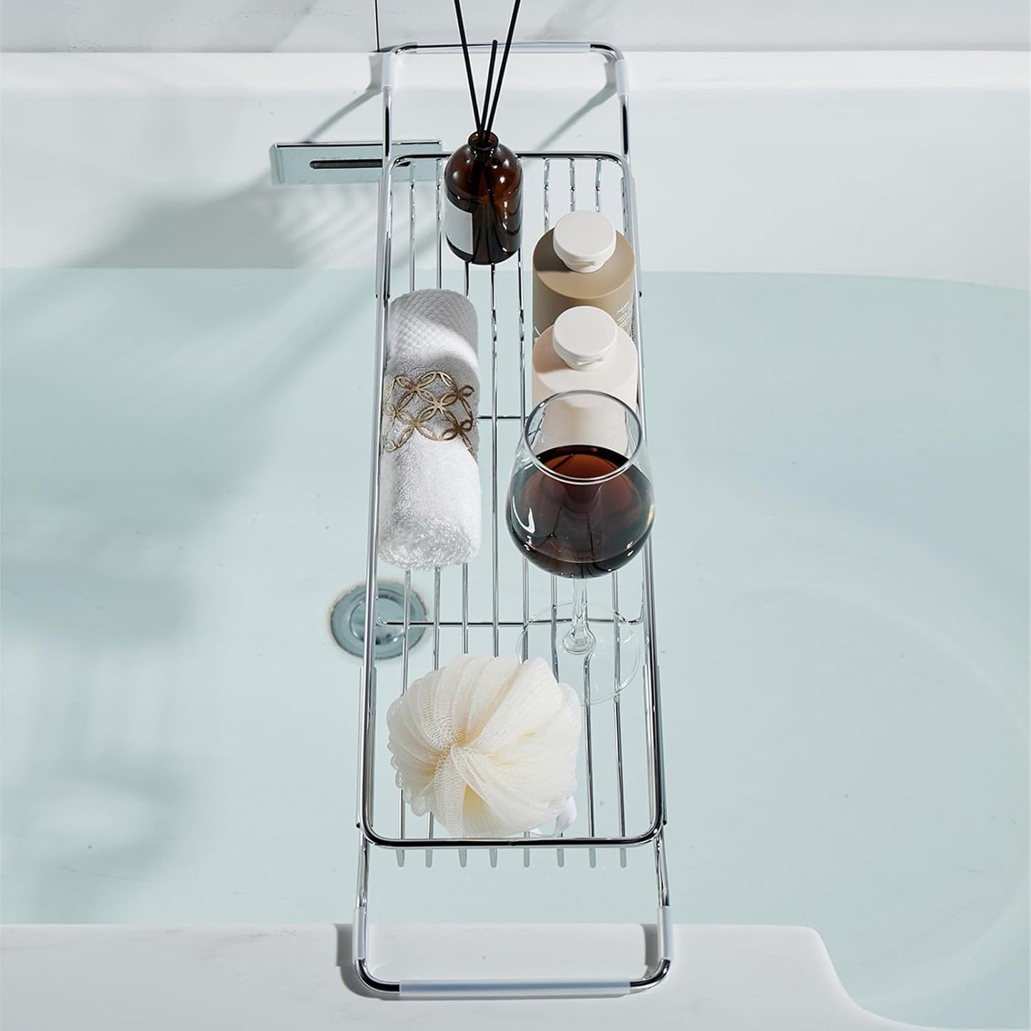 Stainless Steel Bathtub Caddy Tray, Expandable Bath Tub Table, Adjustable Bathroom Tray, Bath Organizer Tub Shelf,Silver,26.8~35.4in