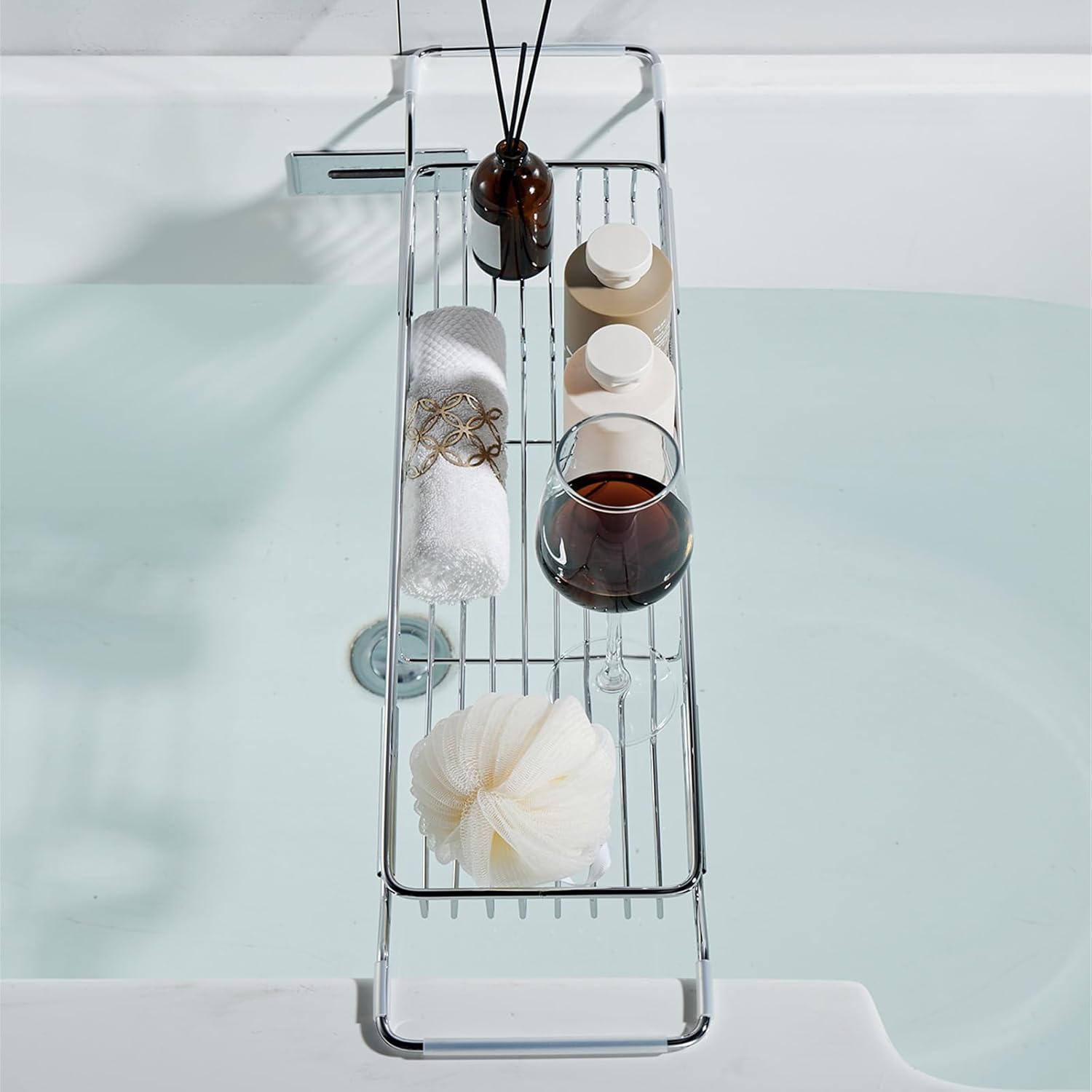 Stainless Steel Bathtub Caddy Tray, Expandable Bath Tub Table, Adjustable Bathroom Tray, Bath Organizer Tub Shelf,Silver,26.8~35.4in