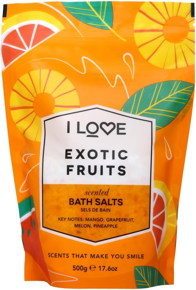I Love Exotic Fruits Scented Bath Salts - Moisturizing Bath Soak for Dry Skin - Skin-Softening Bath Salts - Invigorating Citrus Fragrance - 17.6 oz