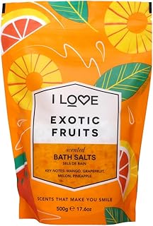 I Love Exotic Fruits Scented Bath Salts - Moisturizing Bath Soak for Dry Skin - Skin-Softening Bath Salts - Invigorating Citrus Fragrance - 17.6 oz