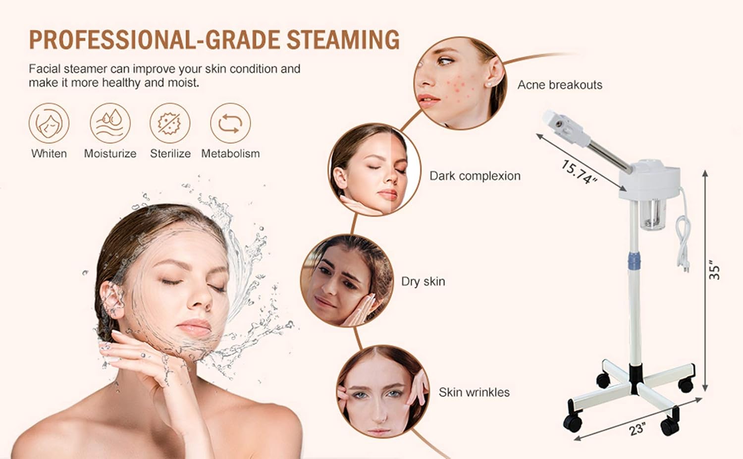 Ozone Professional Facial Steamer with with Ionic Warm Mist Serum Absorption Deep Clean Tighten Skin Care Aromatherapy Facial Steamer Adjustable Height and Rolling Wheels