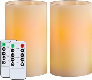 Homemory 5"x3" Wax Flameless Candles, Battery Operated LED Pillar Candles with Remote Control & Timer, Amber Yellow Flickering Light for Party, Wedding, Festival, Ivory, Indoor Only, Set of 2