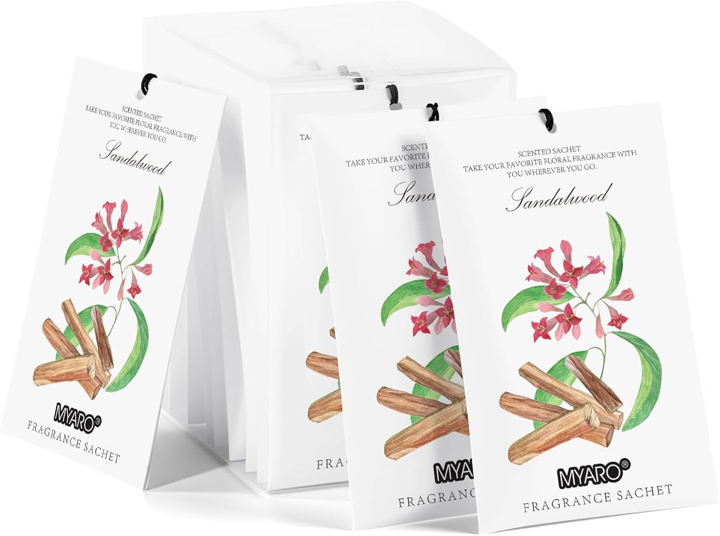 MYARO 12 Pack Sandalwood Scented Sachets for Drawer, Closet & Small Spaces Air Freshener Bags, Odor Eliminator for Clothes, Car, Wardrobe, Home Fragrance Gift Set