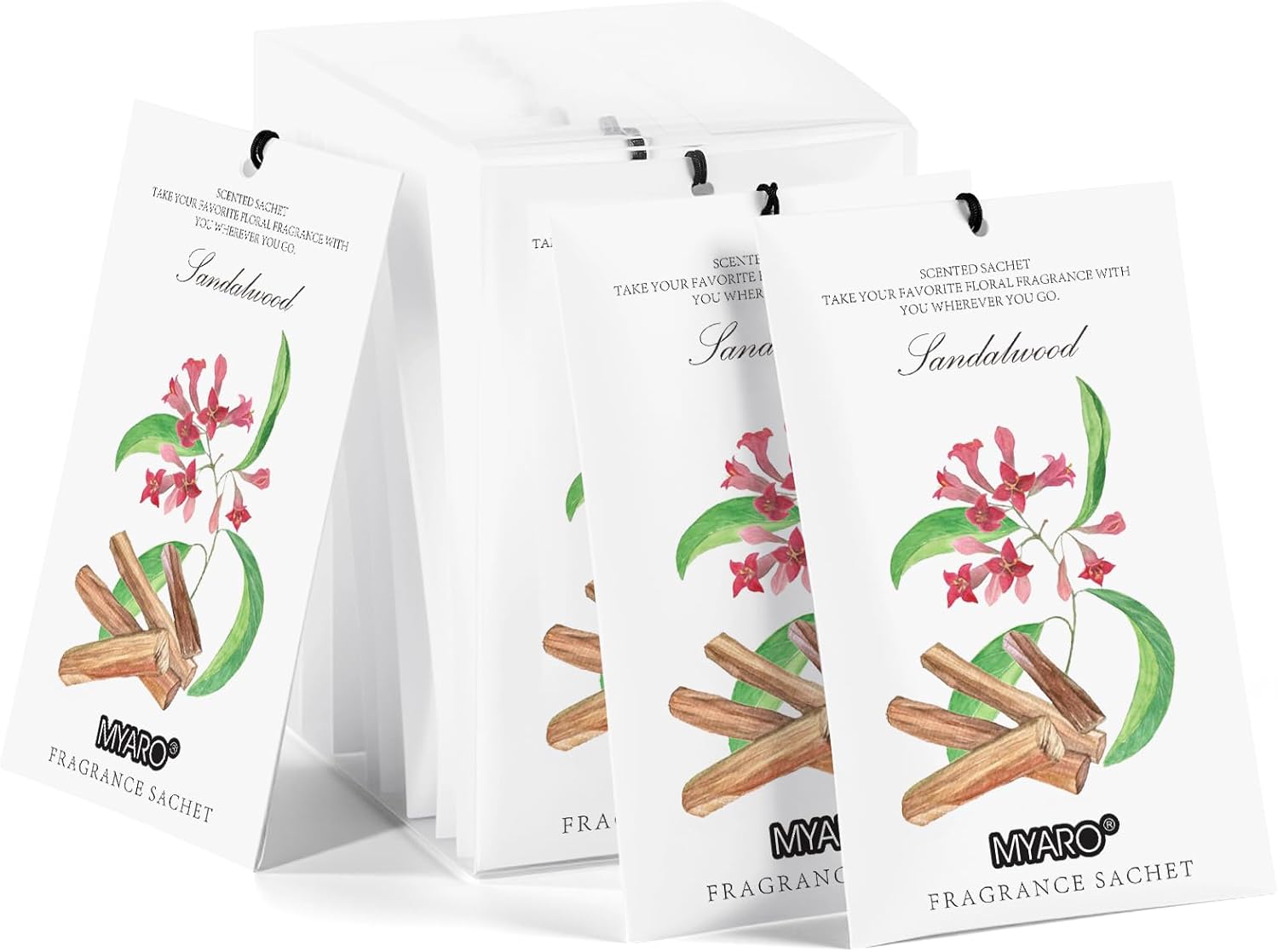 MYARO 12 Pack Sandalwood Scented Sachets for Drawer, Closet & Small Spaces Air Freshener Bags, Odor Eliminator for Clothes, Car, Wardrobe, Home Fragrance Gift Set
