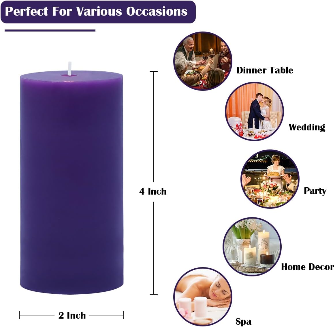 4-Pack 2x4 Inch Purple Scented Pillar Candles – Lavender Fragrance Candles, Good for Dinner, Parties, Meditation, Stress Relief and Home Décor