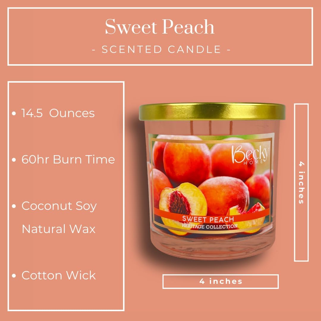 14.5oz Peach Scented Candles for Home, 60 Hrs Soy Wax Candle, Peach Candle for Stress Relief, Fall Candles, Candle Gifts for Men and Women