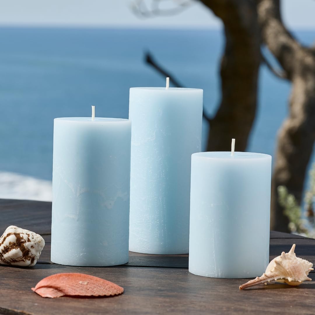 Blue Scented Pillar Candles Set of 3, 3x4, 3x5, 3x6 Light Blue Candles, Sea Salt and Driftwood Pilar Scented Candle, Ideal as Wedding, Parties, Spa, Dinner, Home Decor, Church