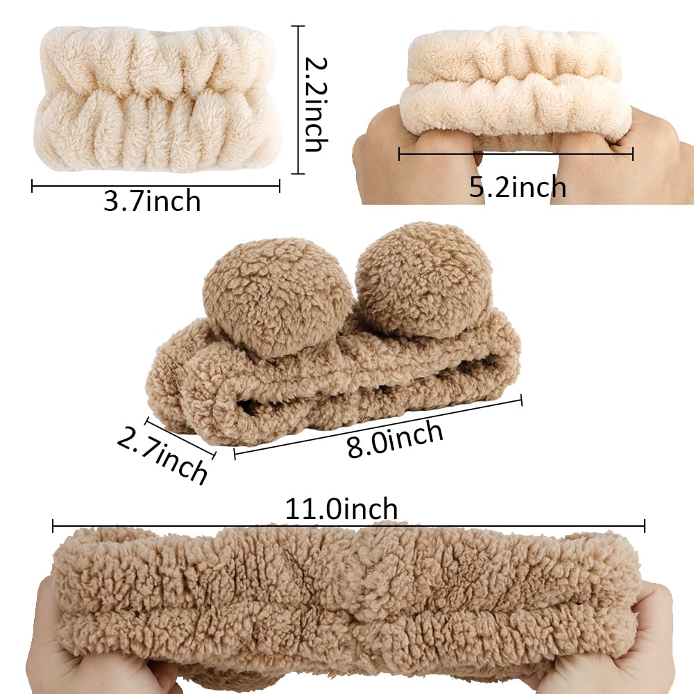 AHONEY Spa Bear Ears Headband, Face Wash Headband and Wristband Set, Cute Fluffy Makeup Skincare Headbands Wrist Bands for Washing Face Elastic for Women Girls Cosmetic (Khaki)