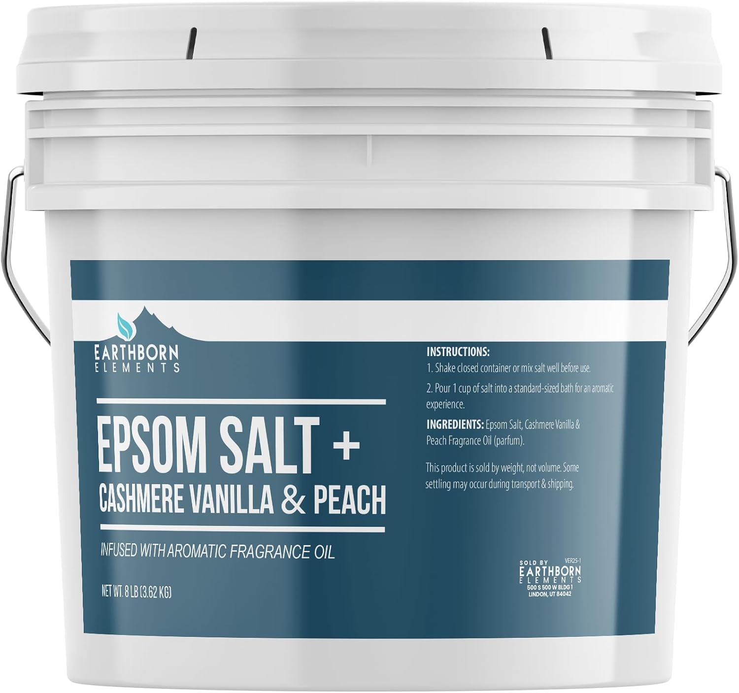 Earthborn Elements Cashmere Vanilla & Peach Epsom Salt 8 lb, One Gallon Bucket, Pure & Undiluted, Soaking Salt with Fragrance