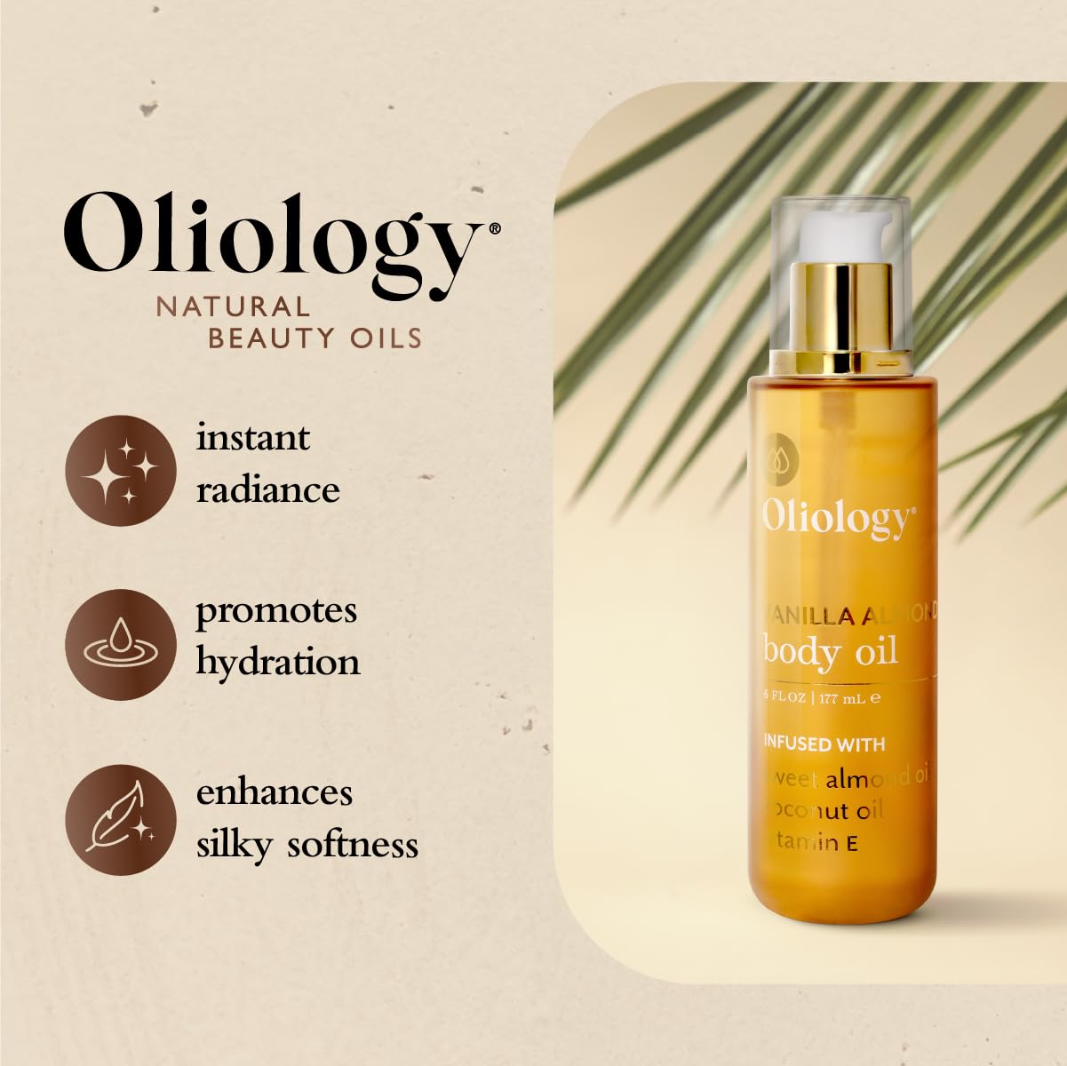 Oliology Vanilla Almond Body Oil – Hydrating Blend with Sweet Almond Oil, Coconut Oil & Vitamin E | Softens, Nourishes & Enhances Skin’s Radiance, 6 Fl Oz