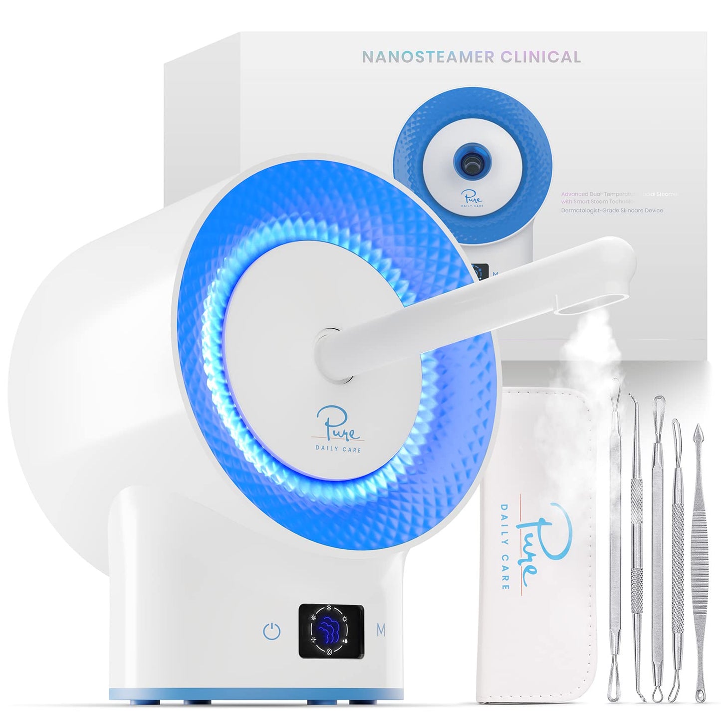 Pure Daily Care NanoSteamer Clinical 10-in-1 Smart Dermatologist Grade Ionic Facial Steamer - 2 Multi-Position Face Steamer Nozzles for Aromatherapy - 6 Pre-Porgrammed Modes - Include Extraction Set