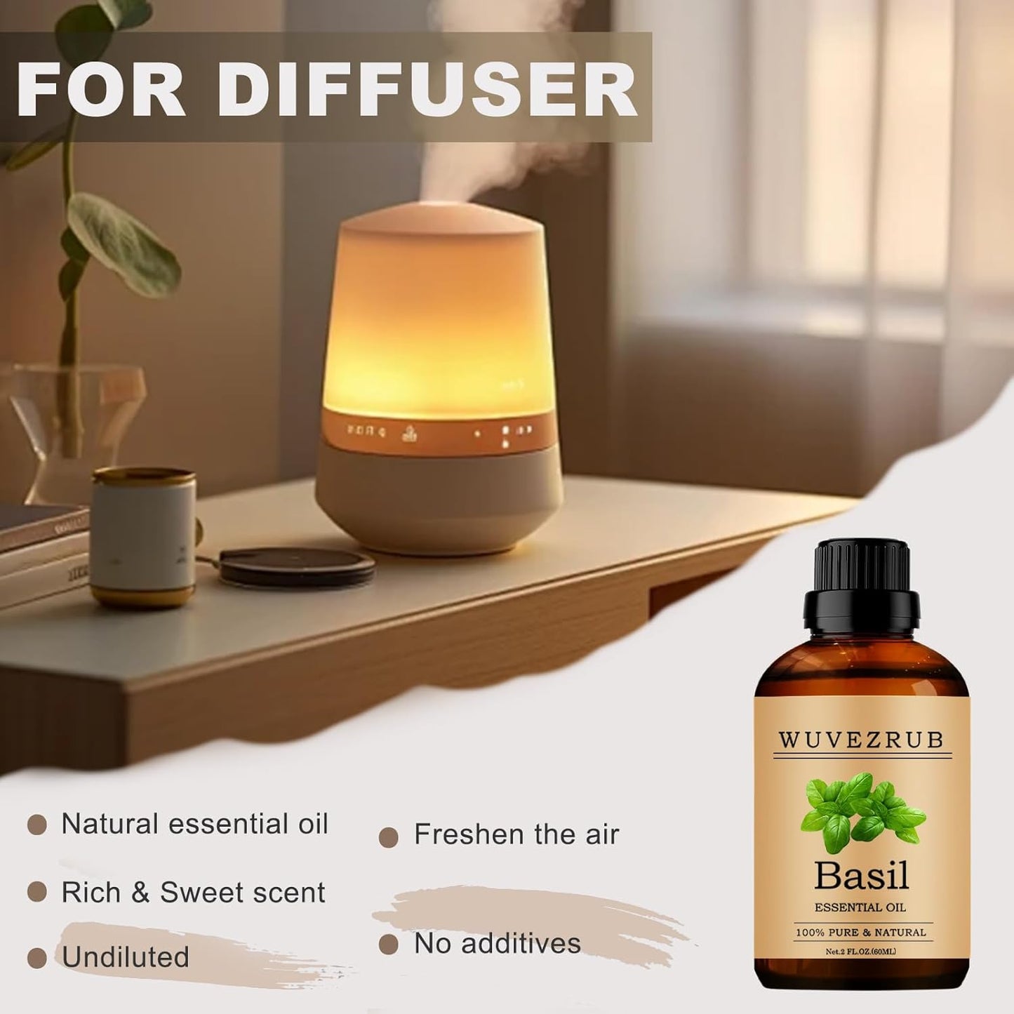 Basil Essential Oils, 60ML 100% Pure and Natural Essential Oil for Aromatherapy Diffuser - Basil /2 Fl Oz