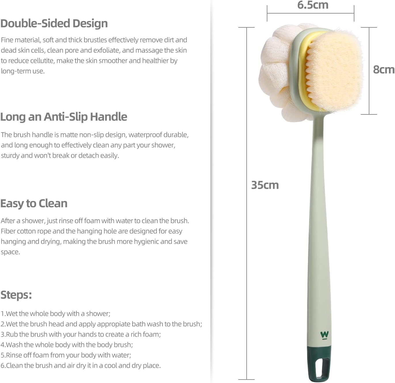 Body Shower Brush with Bristles and Loofah,Back Scrubber Bath Mesh Sponge with Long Handle for Skin Exfoliating Bath, Massage Bristles Suitable for Wet or Dry, Men and Women (Pink & Green)
