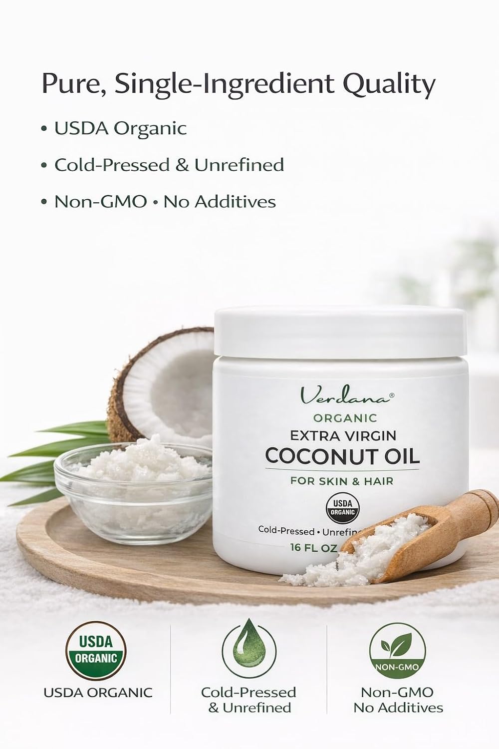 Verdana Organic Coconut Oil for Skin & Hair, Extra Virgin Unrefined Cold Pressed, Rich Moisturizer for Dry Skin & Body, USDA Organic, 16 fl oz Jar