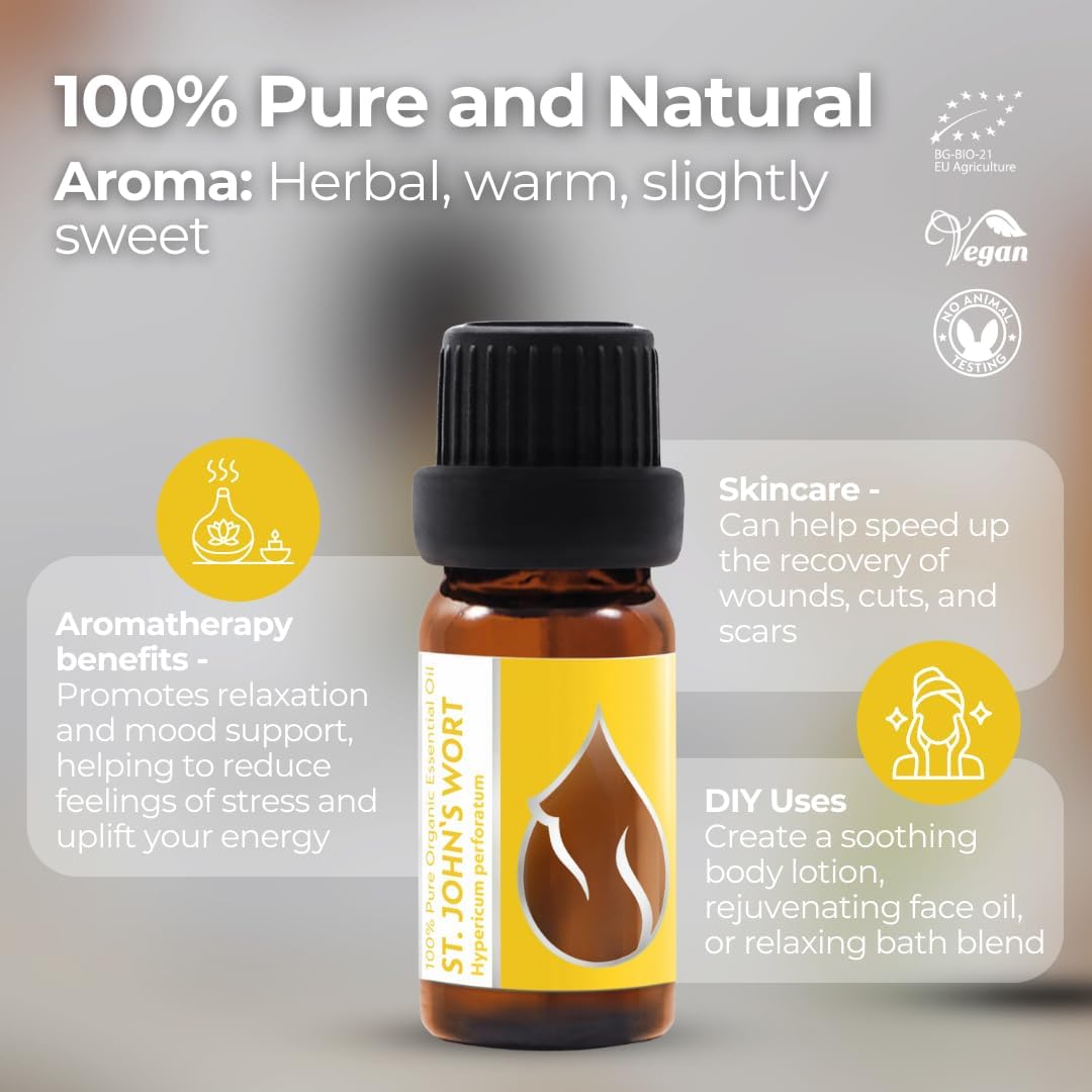 Essences Bulgaria Organic St. John's Wort Essential Oil 1/6 Fl Oz | 5ml | Hypericum perforatum | 100% Pure and Natural | Undiluted | Therapeutic Grade | Family Owned Farm | Steam-Distilled | Non-GMO