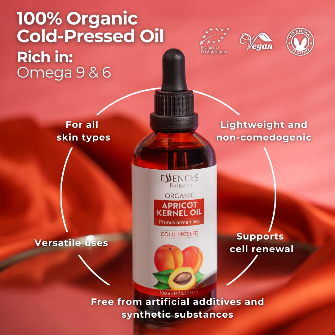 Essences Bulgaria Organic Apricot Kernel Oil 3.4 Fl Oz | 100ml | 100% Natural Cold-Pressed Oil | Therapeutic Quality | Family Owned Farm | Massage Base Oil | Natural Moisturizer | Ideal Carrier Oil