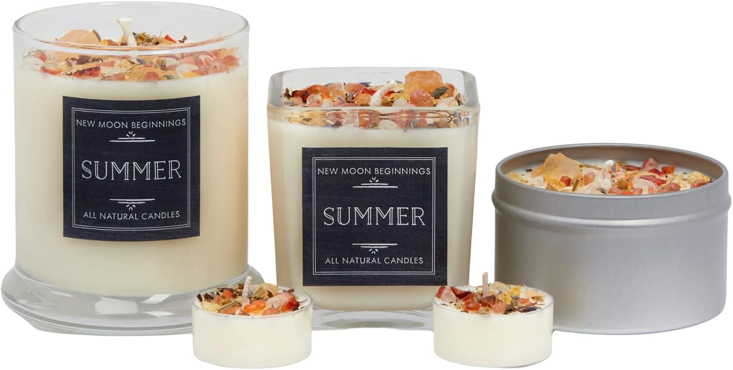 Summer Candle by New Moon Beginnings - Soy Candles - All Natural Aromatherapy Candle - Dried Herb, Flower, & Crystal Candles - Citrus Coconut Candle - 8 oz Tin