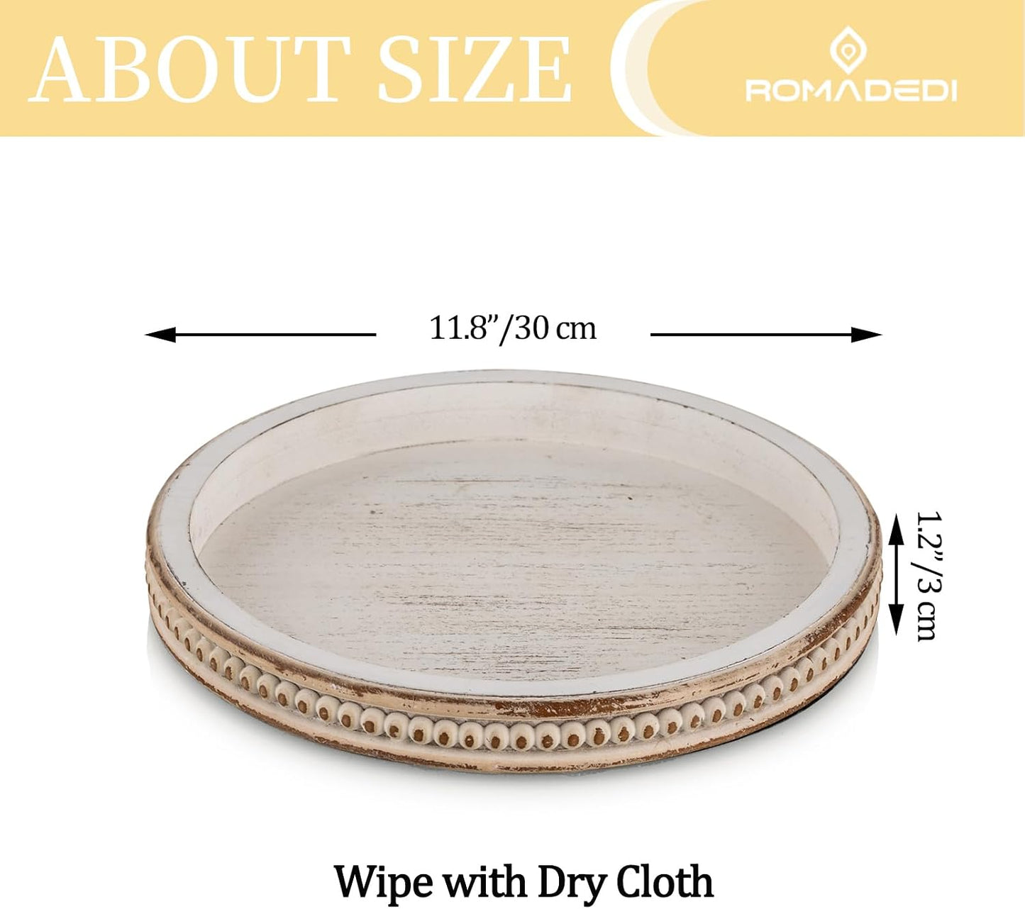 Farmhouse Wood Tray Candle Holder - Romadedi Bead Round Wooden Decorative Tray for Coffee Table Decor Serving Trays Kitchen Counter Rustic Centerpiece for Living Room Home Organizer, White Washed