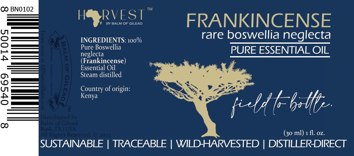 Balm of Gilead Frankincense Essential Oil for Skin & Face - Ethicaly Sourced, Wild-Harvested, Reviving & Fully Sustainable Rare Boswellia Neglecta - 1 fl Oz Traceable Field to Bottle