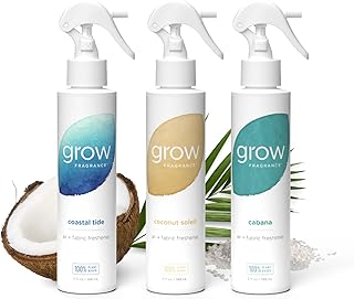 Grow Fragrance Certified Non Toxic, 100% Plant Based Fabric and Room Air Freshener Spray. Made with All Natural Essential Oils | Summer 3 Pack (Coconut Soleil, Cabana, Coastal Tide) 3 x 5oz