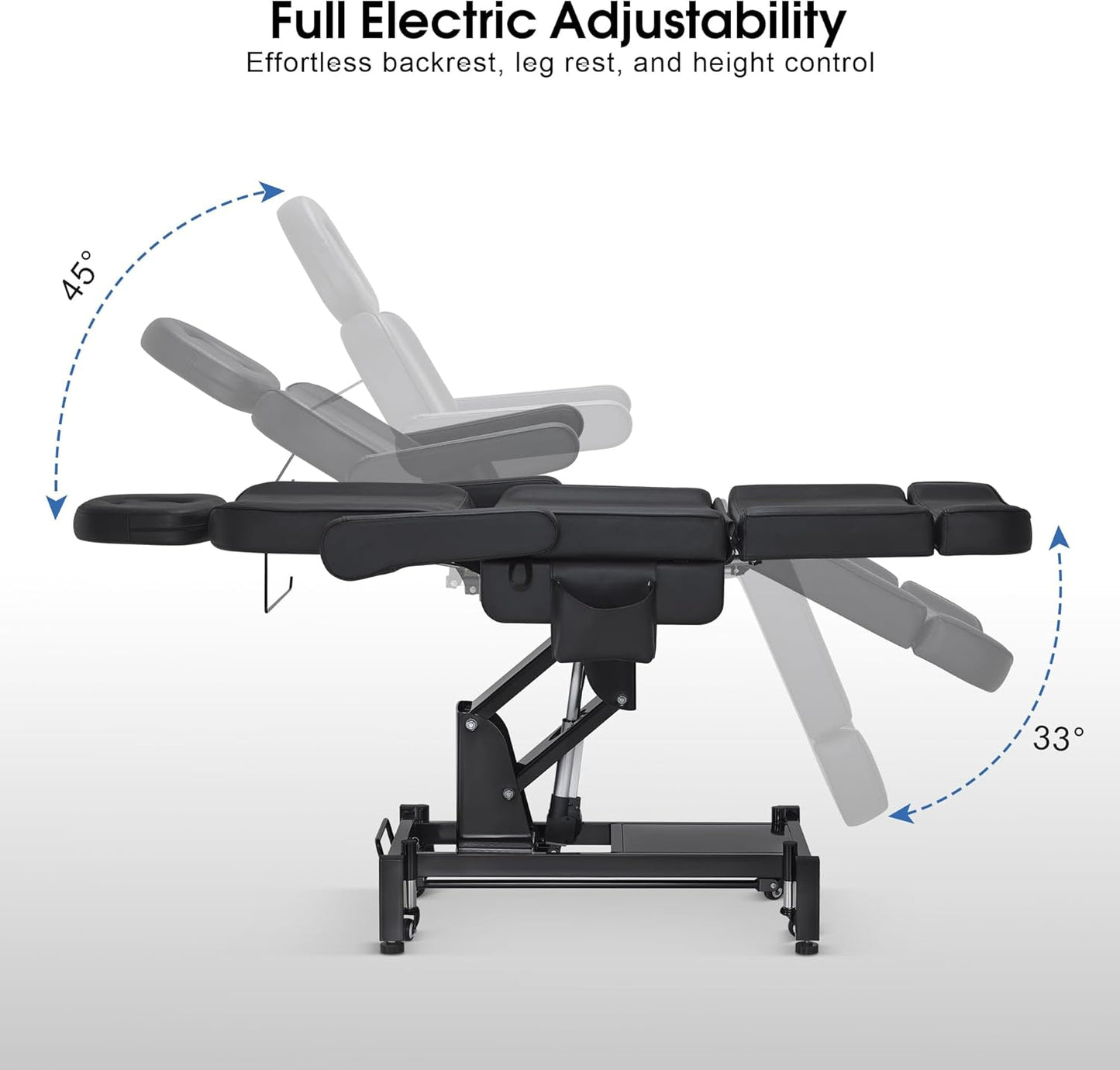 BarberPub Fully Electric Beauty Bed, 3-Motor Salon Spa Chair with Foot-Controlled Wheels, Adjustable Height, Backrest & Leg Rest – PVC Leather, Professional Facial & Treatment Table 2754 (Black)