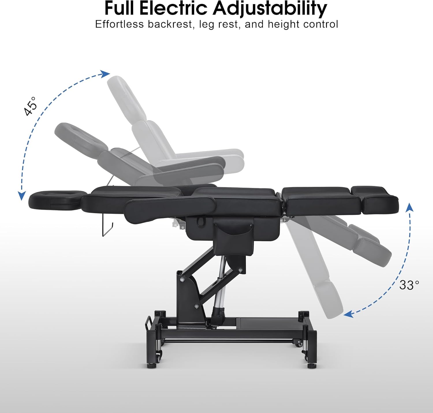 BarberPub Fully Electric Beauty Bed, 3-Motor Salon Spa Chair with Foot-Controlled Wheels, Adjustable Height, Backrest & Leg Rest – PVC Leather, Professional Facial & Treatment Table 2754 (Black)