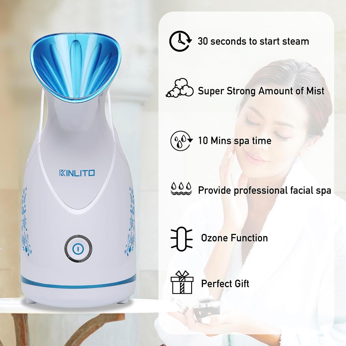KINLITO Facial Steamer Ionic Face Steamer for Home Facial, Warm Mist Small Facial Steamer for Deep Cleaning Unclog Pores with Blackhead Remover, Aromatherapy Kit for Personal Home SPA (Blue)