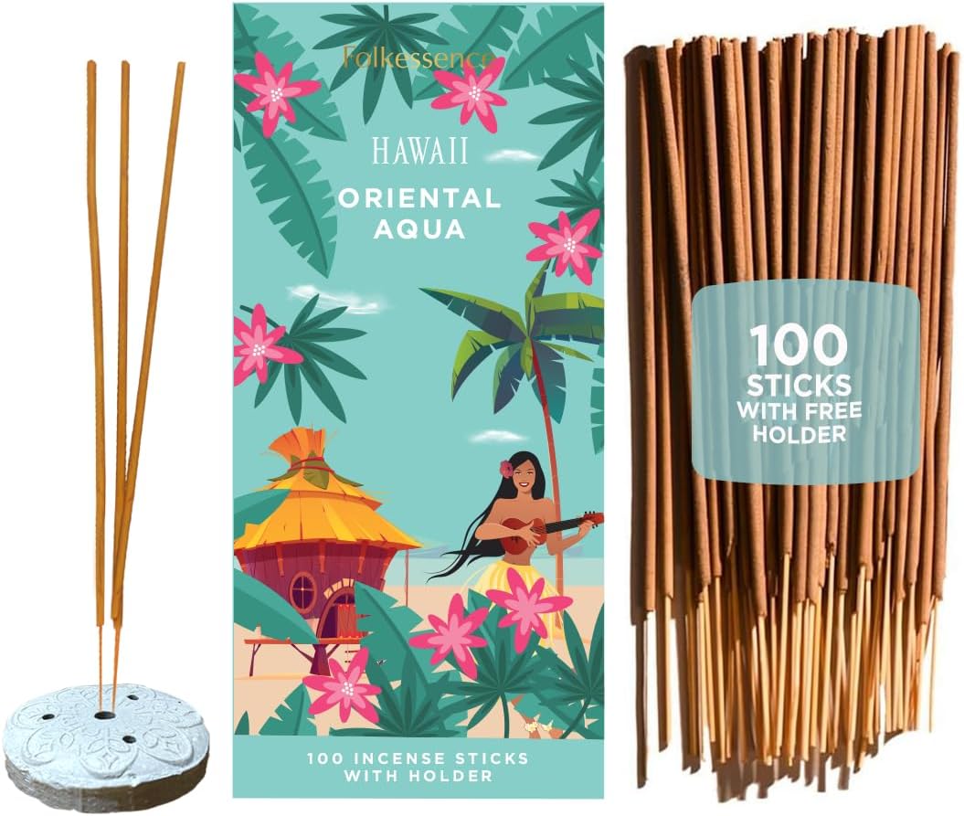 Folkulture Incense Sticks with Holder (100 Sticks)| Tropical Summer Vibes Incense for Aromatherapy, Meditation, Yoga | No Charcoal, Non Toxic, Long Burning Hawaii Inspired Beach Scent Insence-Sticks