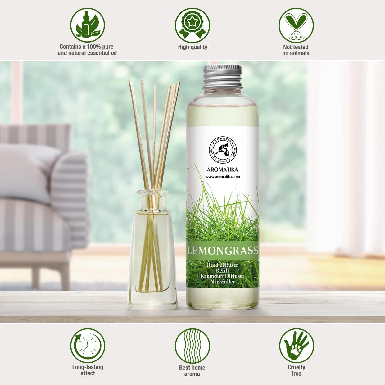 Lemongrass Reed Diffuser Refill, Natural Essential Lemongrass Oil 6.8 Fl Oz - Fresh & Long Lasting Fragrance - Best Reed Diffuser Oil Refill for Aromatherapy - Home - Office - Restaurant