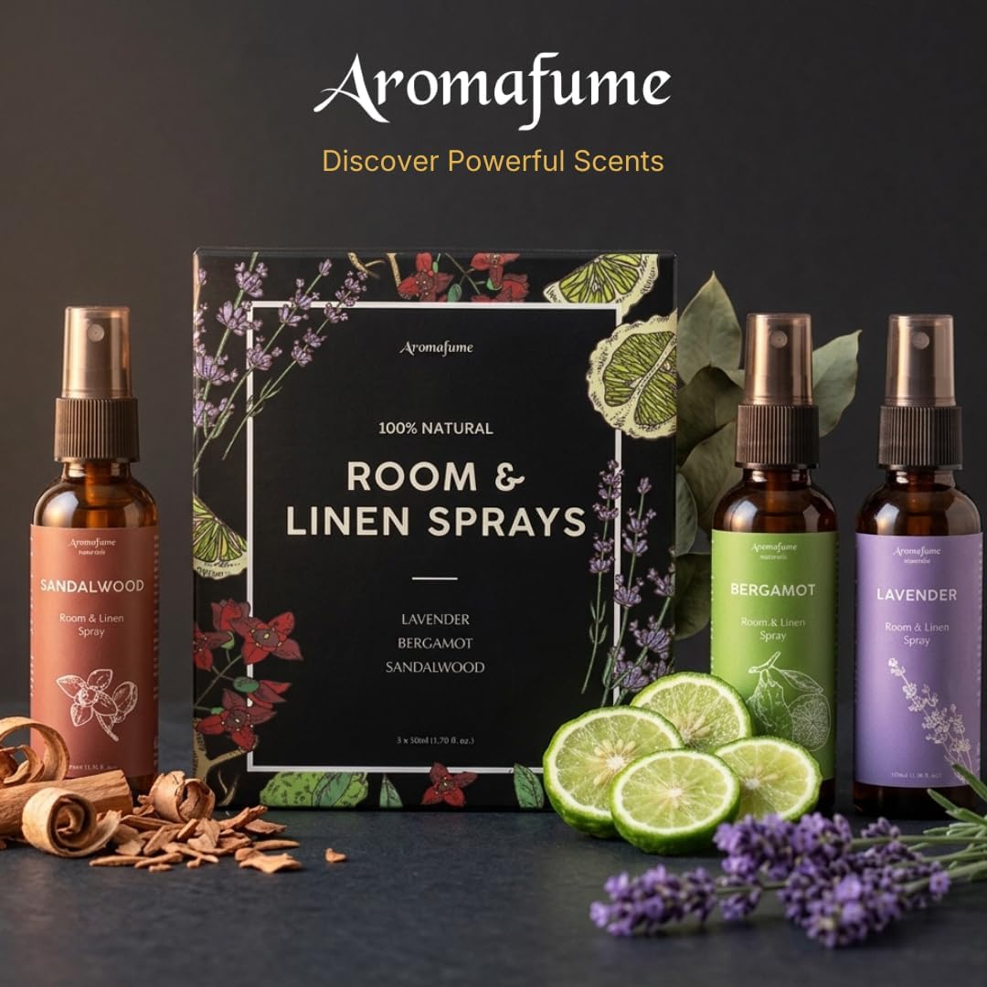 Lavender, Bergamot & Sandalwood Room & Linen Mist Gift Set by Aromafume | 3x50ml Natural Air Freshener Spray for Home, Fabric, Bedding & Pillows | Aromatherapy Fragrance, Relaxing & Calming Scent