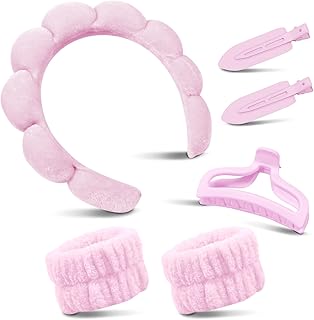 my novel things Spa Headband for Washing Face, Cute Skincare Headband and Wristband With Hair Clips Gift Set for Women Girl, Soft-Puffy Velvet Makeup Headbands (Pink)