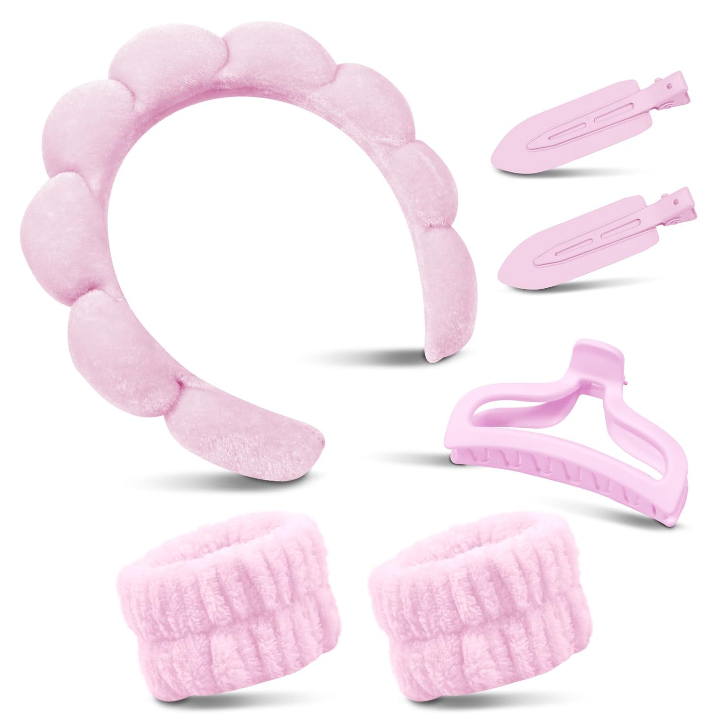 my novel things Spa Headband for Washing Face, Cute Skincare Headband and Wristband With Hair Clips Gift Set for Women Girl, Soft-Puffy Velvet Makeup Headbands (Pink)