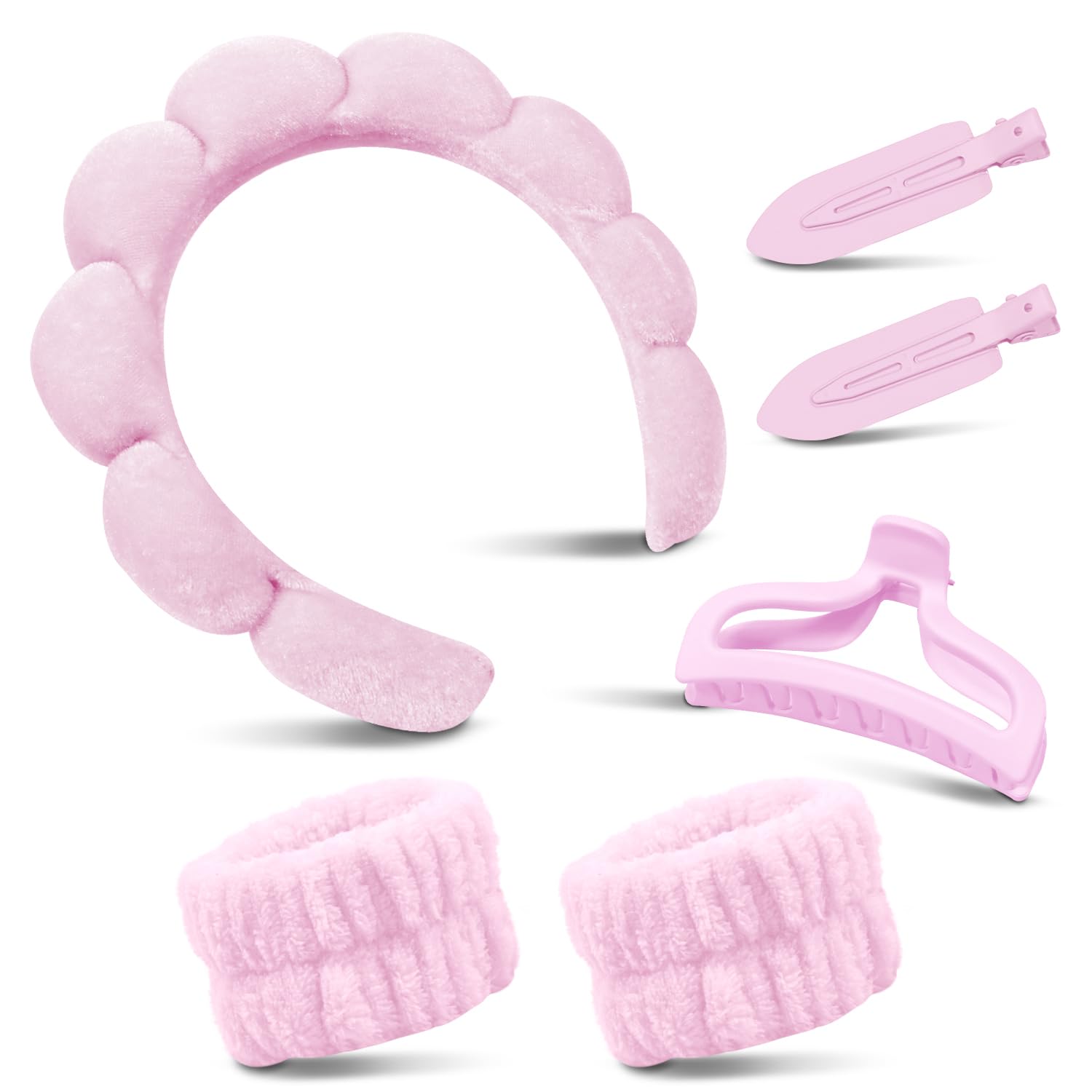my novel things Spa Headband for Washing Face, Cute Skincare Headband and Wristband With Hair Clips Gift Set for Women Girl, Soft-Puffy Velvet Makeup Headbands (Pink)