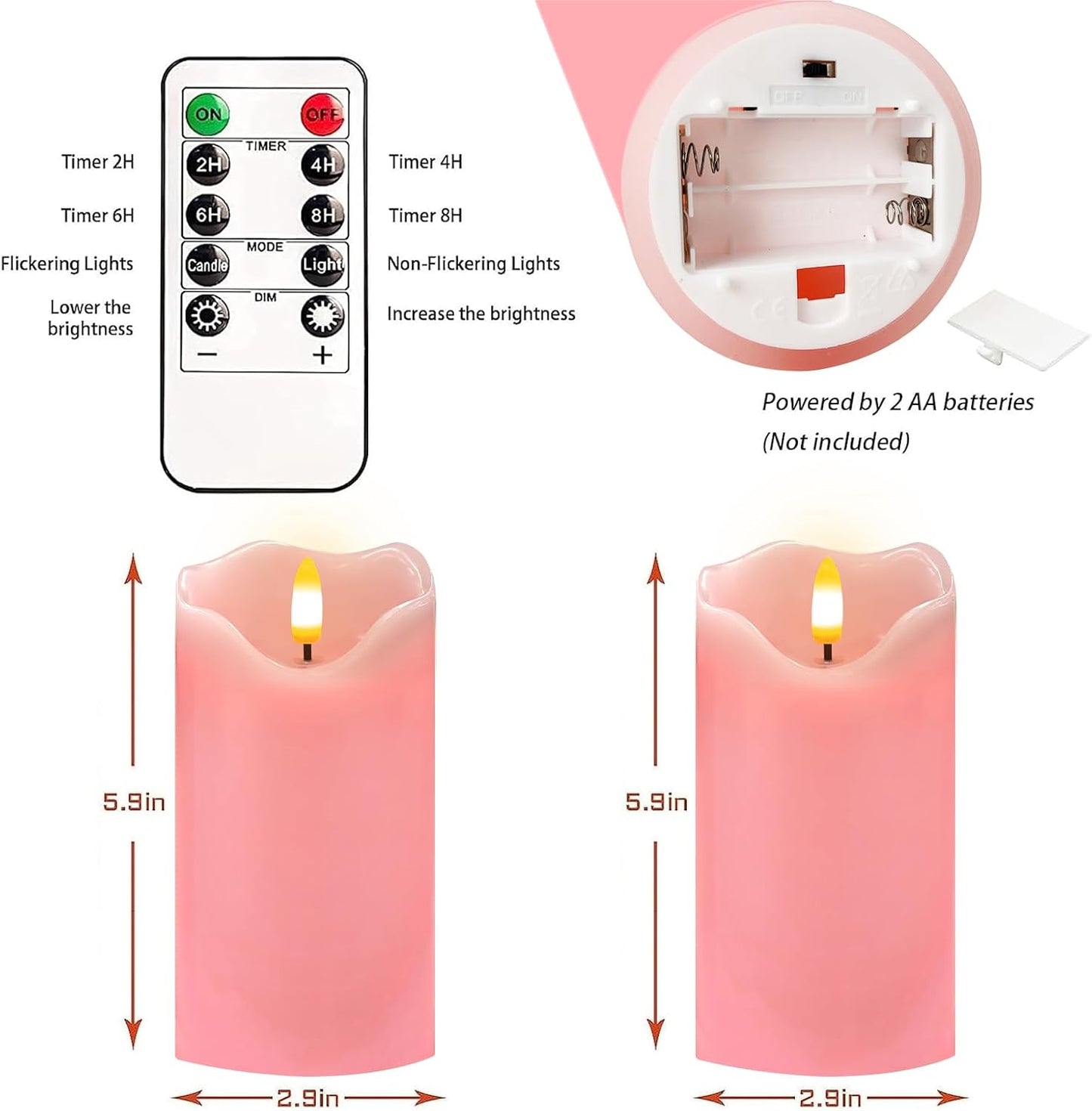 VEEKI Flameless Candles Light, Set of 2 6"x3" Flickering LED Candle with Remote & Timer, Dimmable Electric Pillar Candles Battery Operated, Pink Candles for Valentine's Day Xmas Home Decor (2PC)