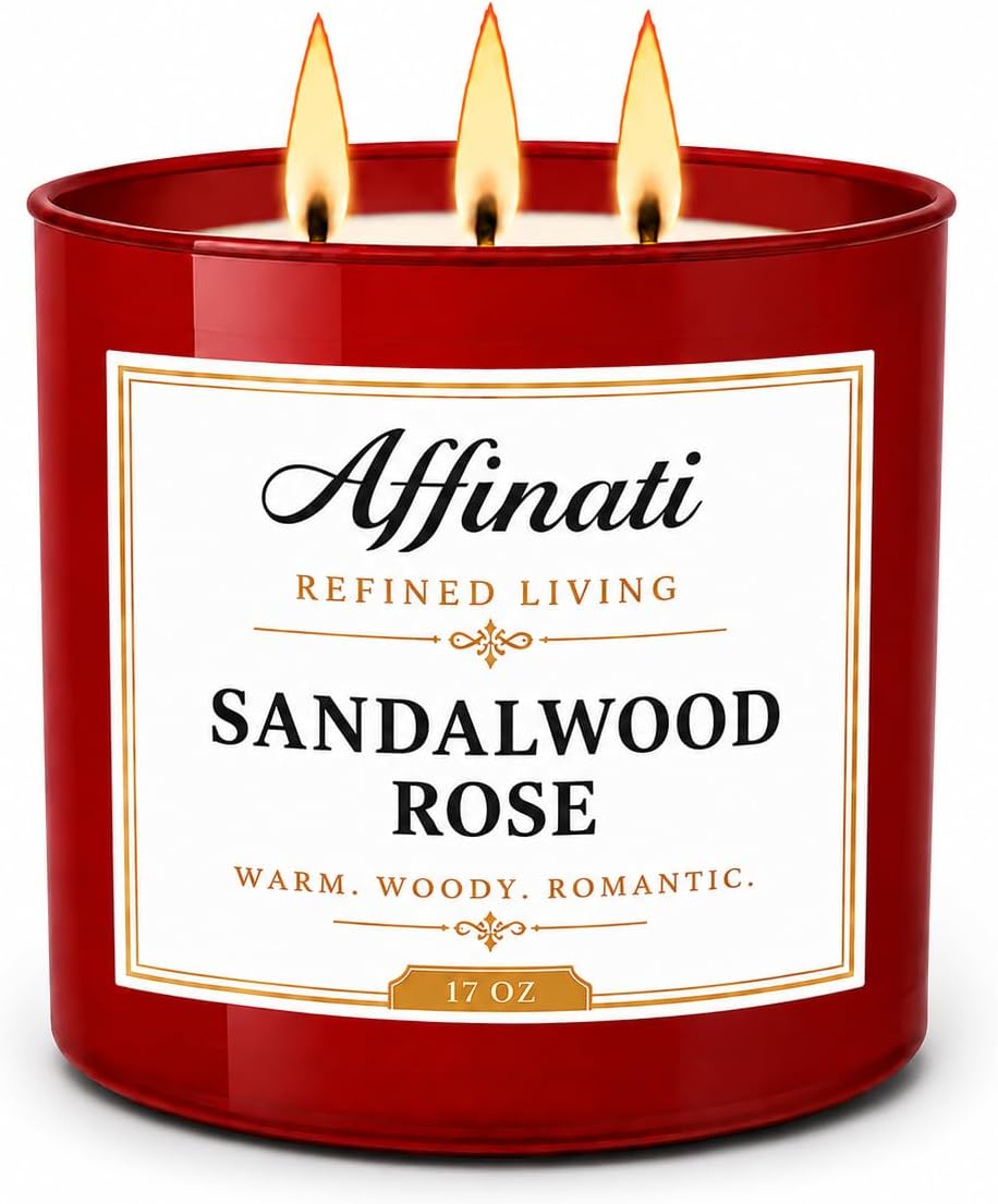 Affinati Sandalwood Rose 3-Wick Scented Candle – Large Soy Blend Candle, Strong Scent Throw Rich Woody Floral Aromatherapy Candle, Premium Elegant Gift for Women