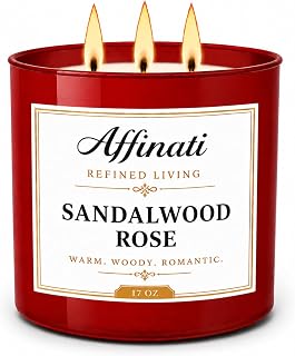 Affinati Sandalwood Rose 3-Wick Scented Candle – Large Soy Blend Candle, Strong Scent Throw Rich Woody Floral Aromatherapy Candle, Premium Elegant Gift for Women
