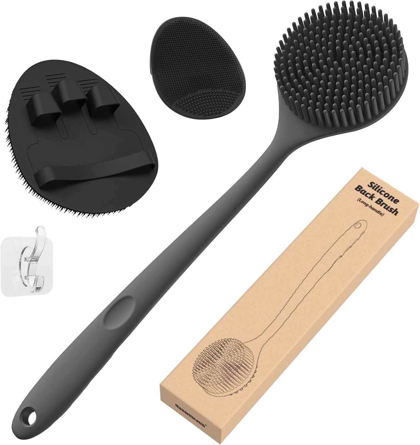Manmihealth Silicone Back Scrubber (Thick Bristles) & Bath Glove & Face Brush Set (3PCS), Super-Exfoliating & Lathering Body Scrubber, Shower Brush, Face Scrubber Combination, with a Free Hook (Black)