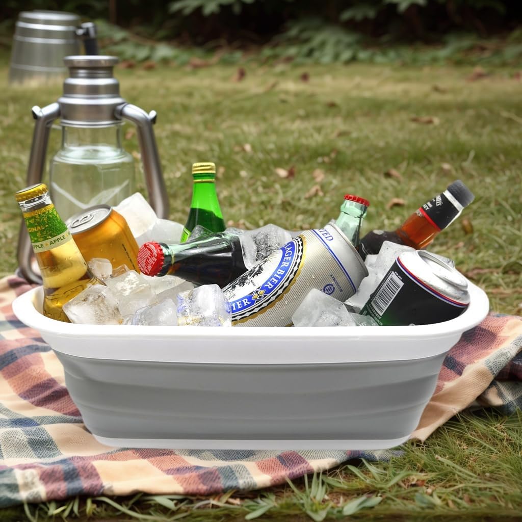 SAMMART 9.2L (2.37Gallon) Collapsible Wash Basin - Foldable Outdoor Picnic Basket - Portable Plastic Tub - Space Saving Storage Container with size : 15.3 x 11.2 x 5.5 / 1.5" (M, Gray)