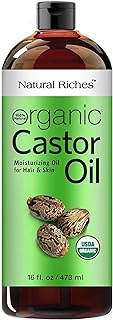 Natural Riches Organic Castor Oil - Cold Pressed, USDA Certified for Hair Growth, Thicker Eyelashes, Eyebrows - Moisturizes Dry Skin and Hair, Helps with Dandruff - Hexane-Free, 16 fl. oz.