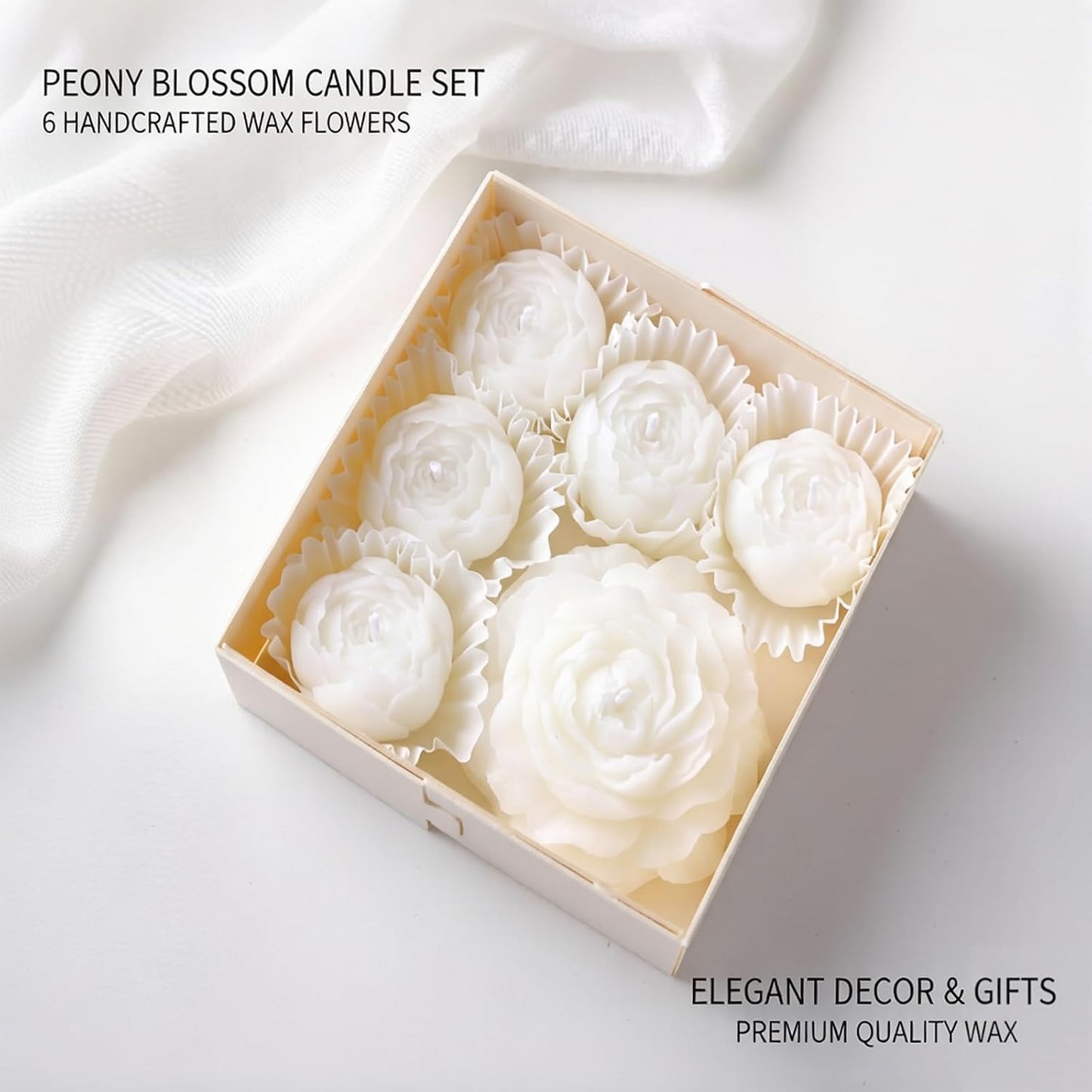 6-Pack Flower Candles Set, Rose Peony Shaped Scented Floral Candle Handmade Aromatherapy for Valentine's Day Wedding Home Decor (White)