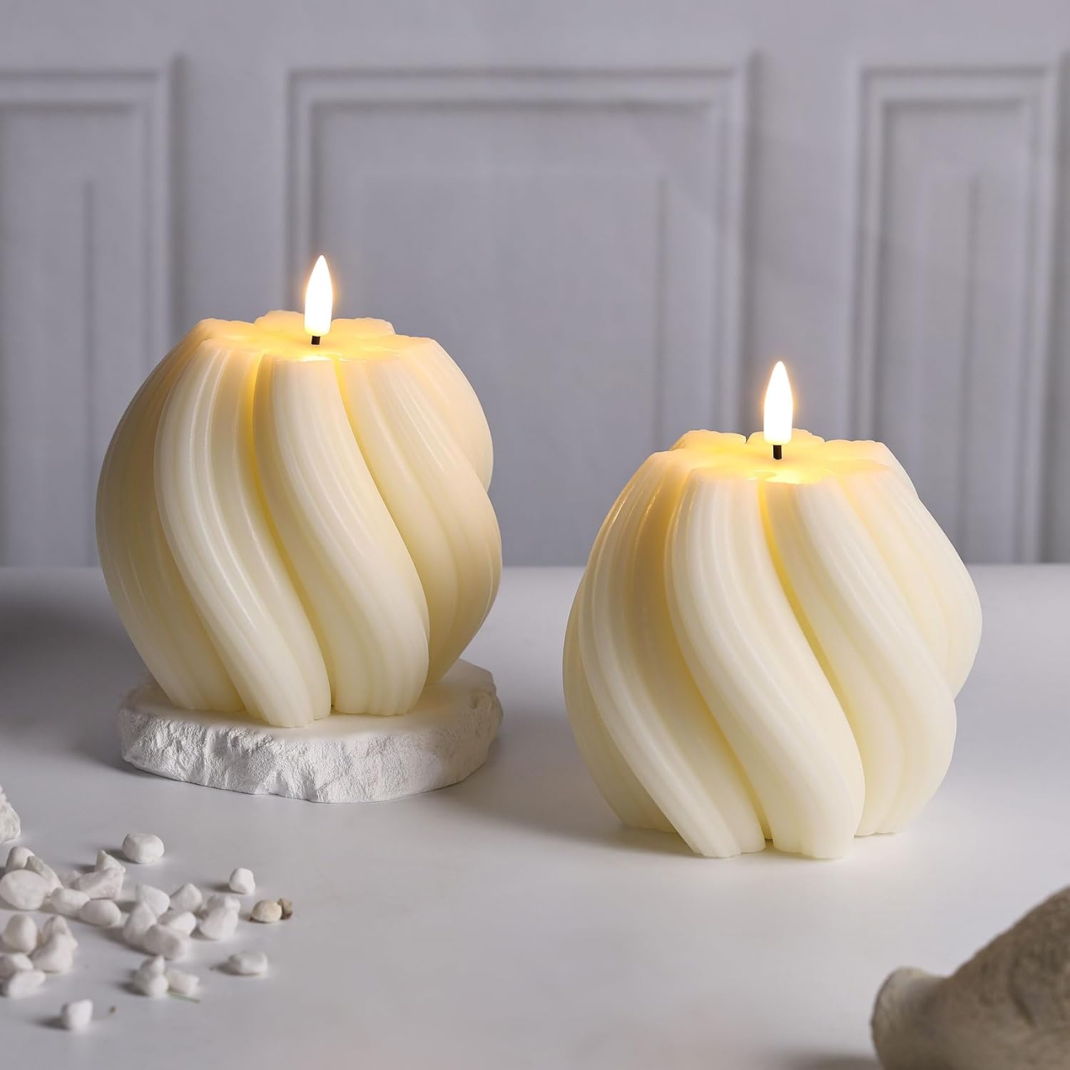 Cream White Swirl Flameless Candles with Remote, Aesthetic Twirl LED Pillar Candle Housewarming Gift Home Shelf Decor Set of 2
