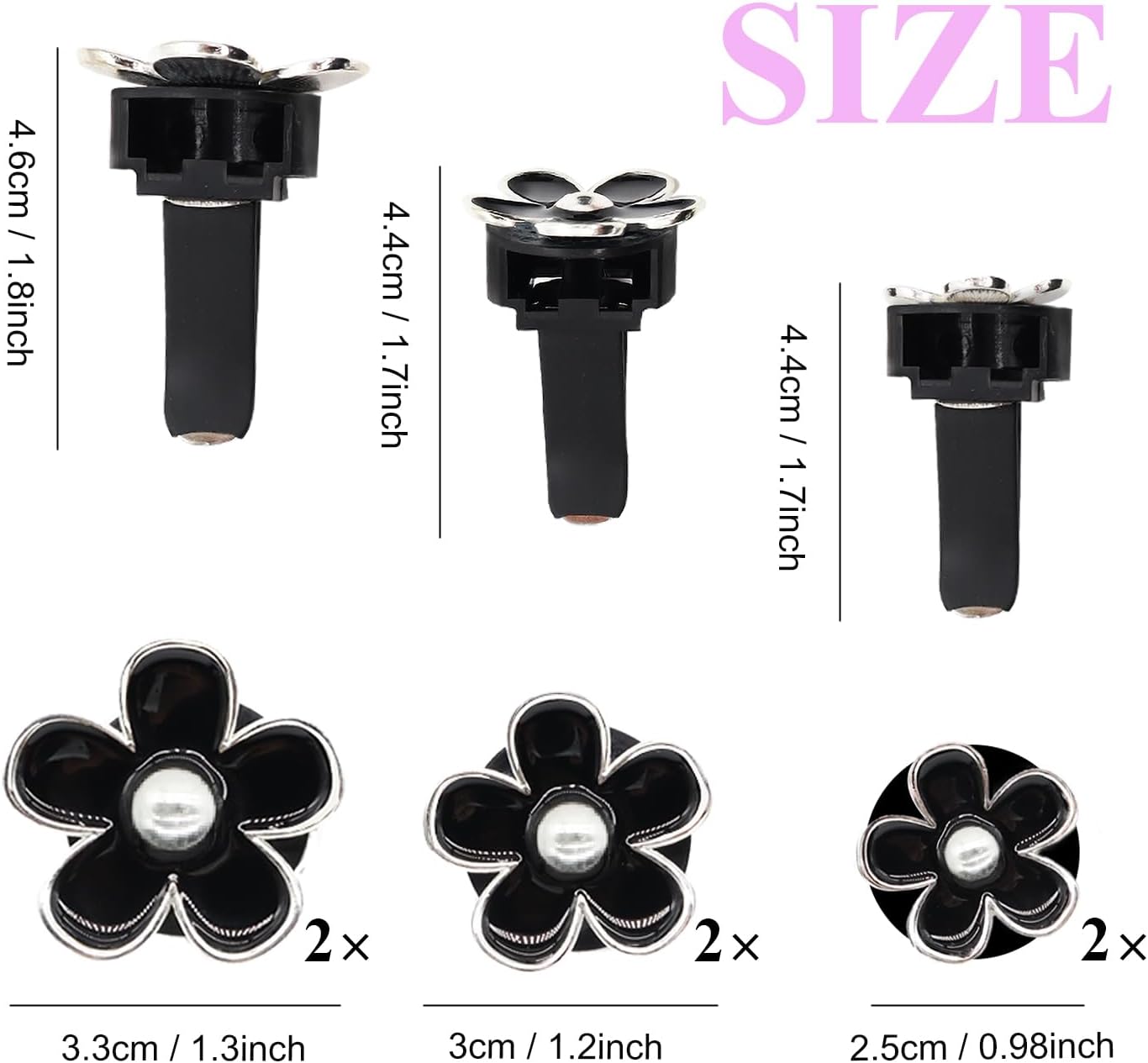 ORIESSE 6pcs Flower Car Air Freshener Vent Clips,Girly Daisy Car Accessorie for Women,3 Sizes Sparkle Black Silver Flowers Vent Clips Decor,Refillable Diffuser