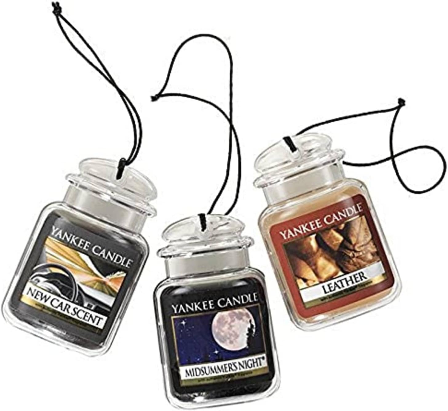 Yankee Candle Car Jar Ultimate 3-Pack, Leather, MidSummer's Night, New Car Scent, Hanging Auto Air Freshener, Odor Neutralizing, Up to 30 Days Freshness
