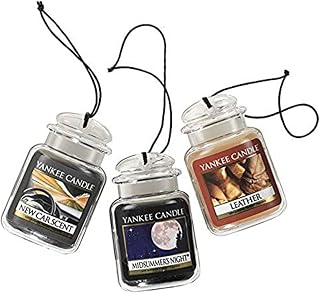 Yankee Candle Car Jar Ultimate 3-Pack, Leather, MidSummer's Night, New Car Scent, Hanging Auto Air Freshener, Odor Neutralizing, Up to 30 Days Freshness