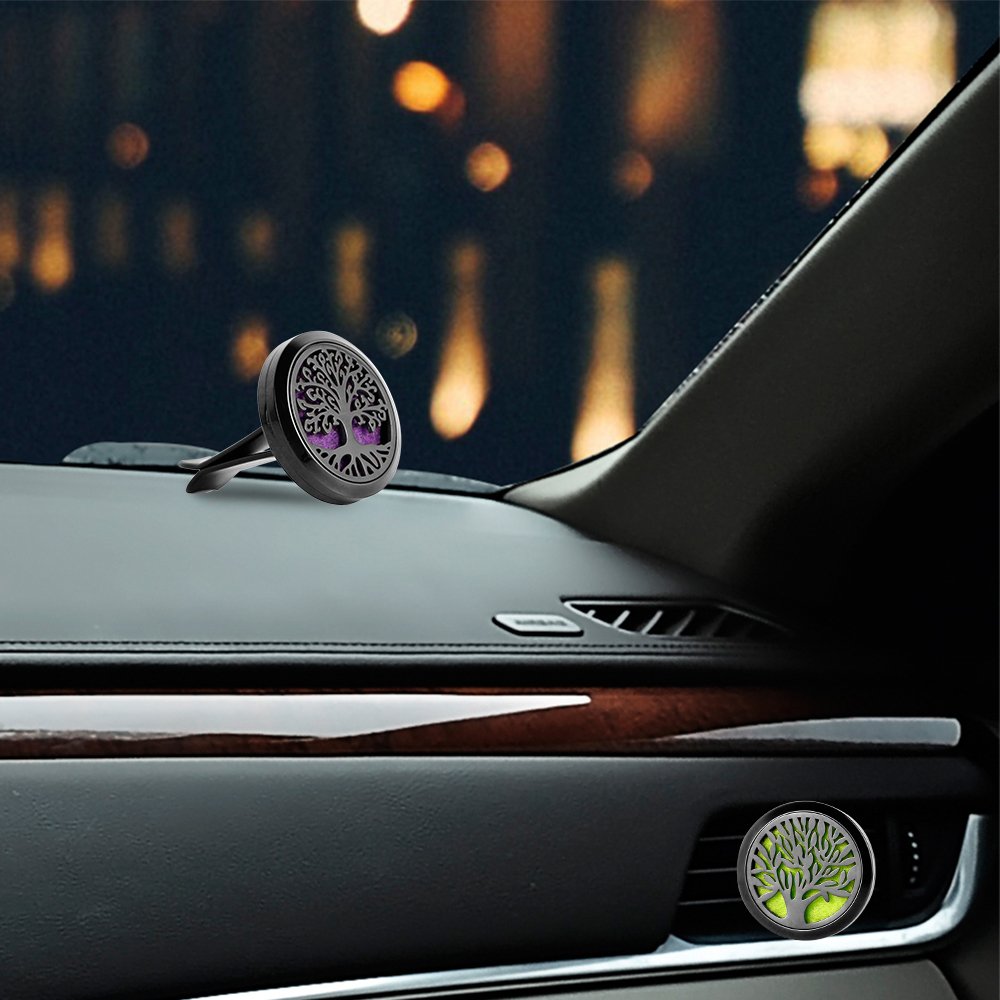RoyAroma 2PCS Tree of Life Car Diffuser Aromatherapy Essential Oil Black Stainless Steel Locket with Vent Clip 12 Felt Pads